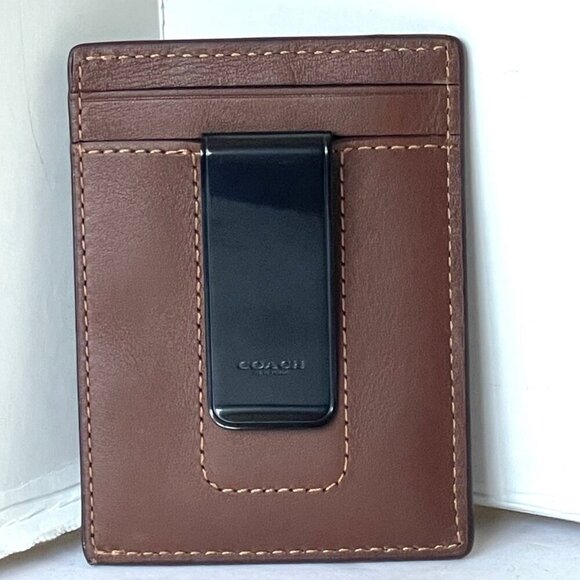 Coach Money Clip Card Case Mens Dark Saddle Leather C6702 Wallet Compact Slim - Picture 7 of 7